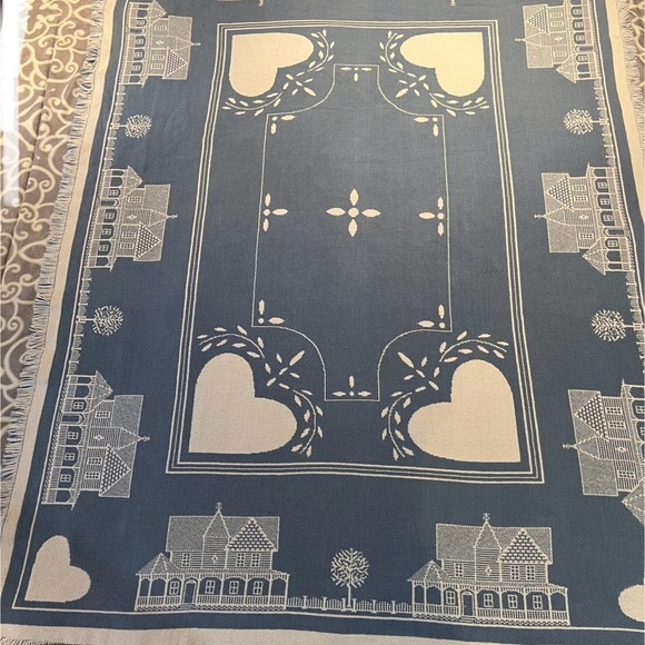 Vintage Blue & White Heart Cotton Blanket Reversible Goodwin Weavers Knit - Picture 9 of 13